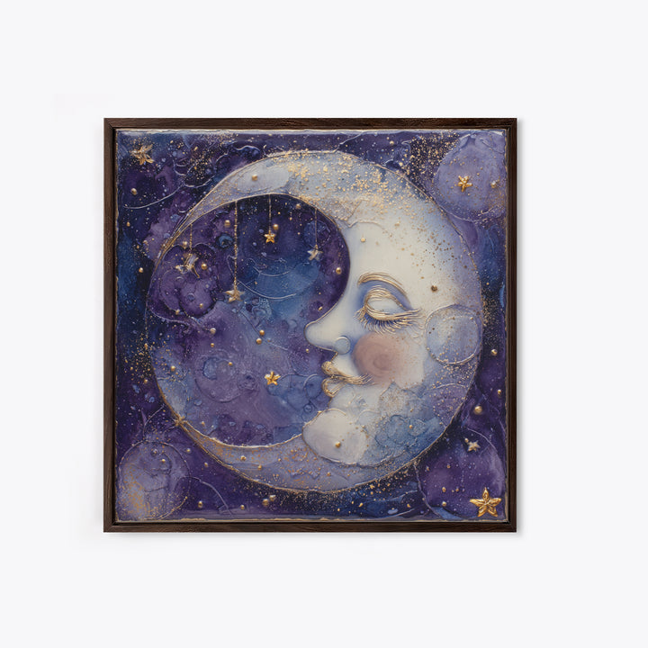 Moon with Sleeping Face and Dangling Stars Framed Canvas Print, Whimsical Art, Minimalist Decor, Living Room Decor, Wonder, WHI-1x1-88