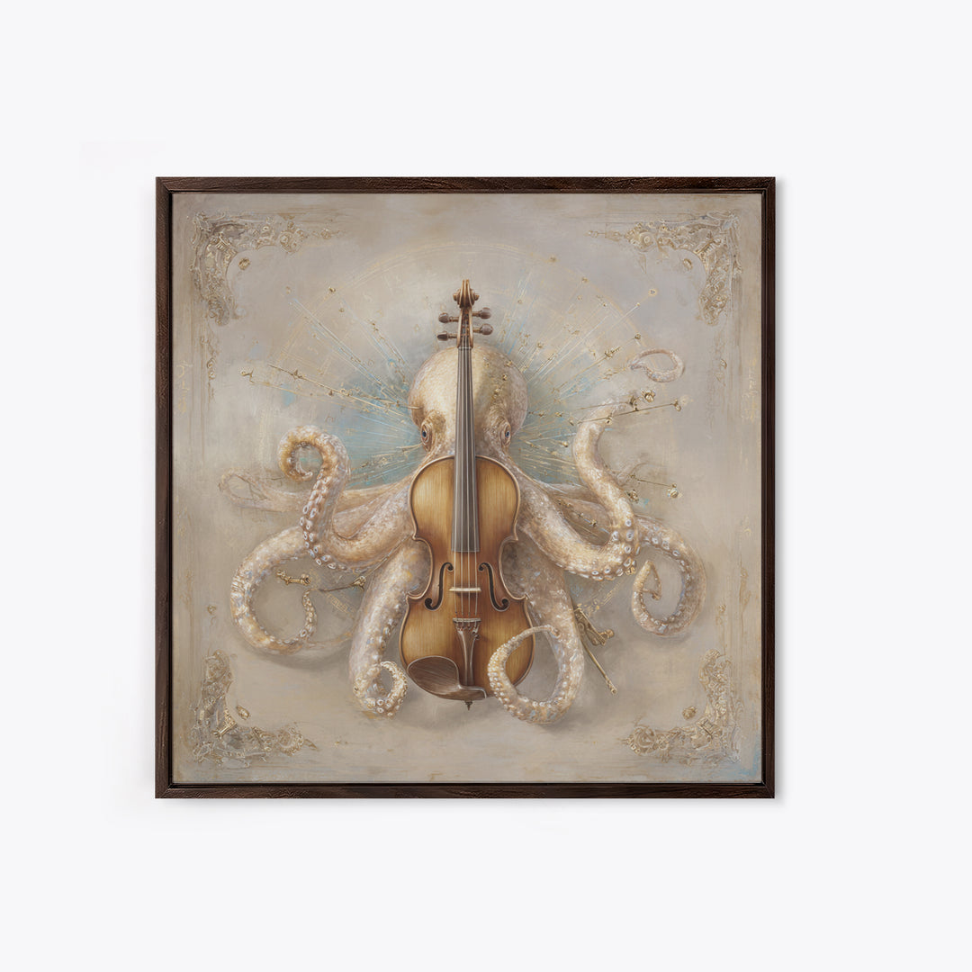 Octopus Conductor with Tiny Instruments Canvas Print, Whimsical Art, Neutral Decor, Living Room Decor, Fine Art, Wonder, WHI-1x1-90