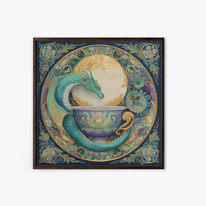 Dragon Curled Around a Teacup Framed Canvas Print, Whimsical Art, Pet Portrait, Living Room Decor, Wonder, Abstract Wall Art, WHI-1x1-96