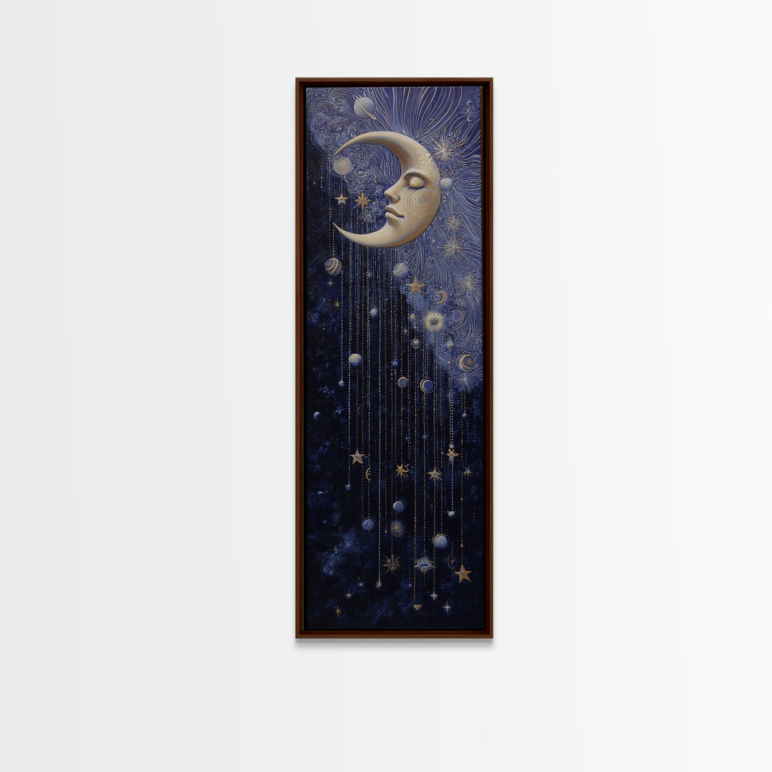 Moon with Sleeping Face and Dangling Stars Canvas Print, Whimsical Art, Nursery Art, Living Room Decor, Fine Art, Wonder, WHI-1x3-100