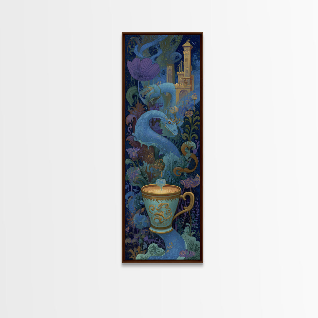 Dragon Curled Around a Teacup Canvas Print, Whimsical Art, Wall Art, Living Room Decor, Oil Painting, Wonder, Framed Wall Art, WHI-1x3-12