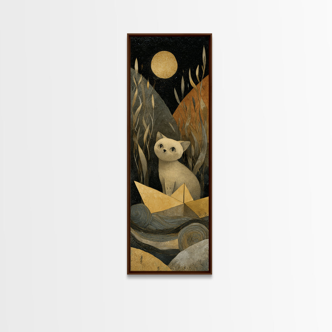 Cat Sailing a Paper Boat Canvas Print, Whimsical Art, Gallery Decor, Living Room Decor, Fine Art, Wonder, Wall Art, Home Decor, WHI-1x3-14