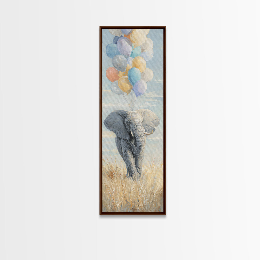 Elephant Holding Balloons Framed Canvas Print, Whimsical Art, Art Nouveau, Living Room Decor, Abstract Art, Wonder, WHI-1x3-15