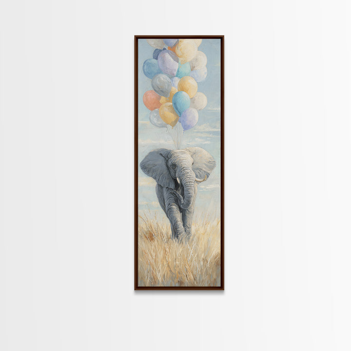 Elephant Holding Balloons Framed Canvas Print, Whimsical Art, Art Nouveau, Living Room Decor, Abstract Art, Wonder, WHI-1x3-15
