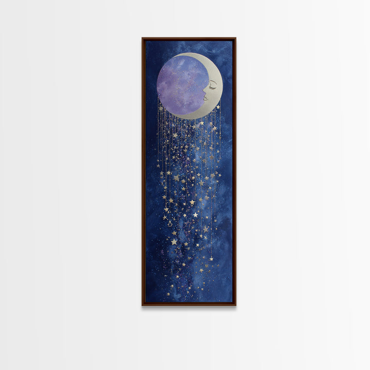 Moon with Sleeping Face and Dangling Stars Canvas Print, Whimsical Art, Art Print, Living Room Decor, Fine Art, Wonder, WHI-1x3-28