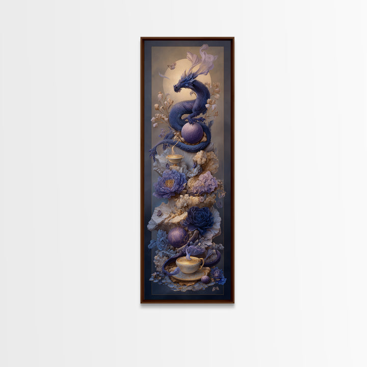 Dragon Curled Around a Teacup Framed Canvas Print, Whimsical Art, Pet Portrait, Living Room Decor, Wonder, Abstract Wall Art, WHI-1x3-36
