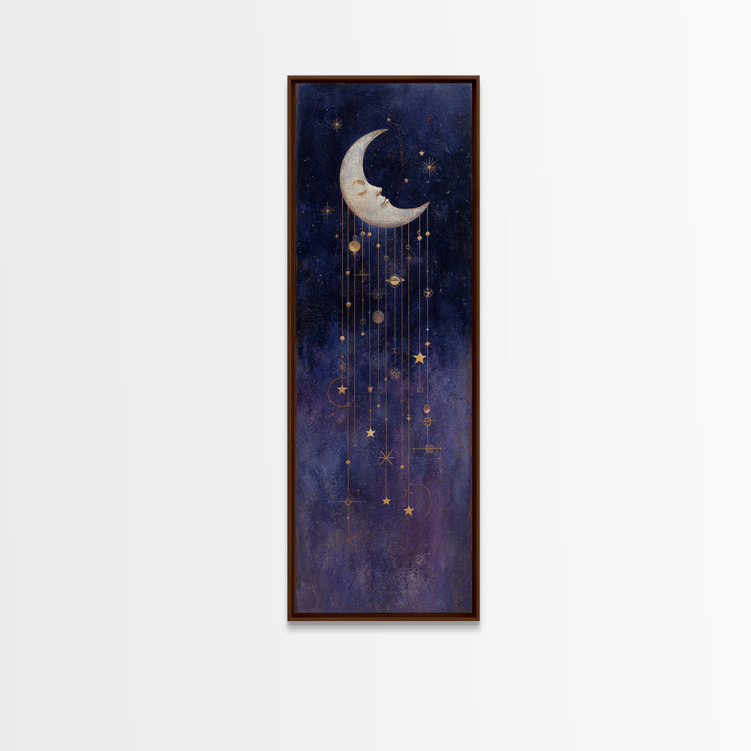 Moon with Sleeping Face and Dangling Stars Framed Canvas Print, Whimsical Art, Minimalist Decor, Living Room Decor, Wonder, WHI-1x3-4