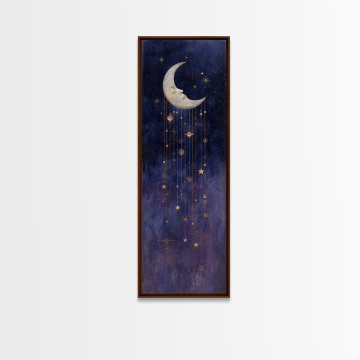 Moon with Sleeping Face and Dangling Stars Framed Canvas Print, Whimsical Art, Minimalist Decor, Living Room Decor, Wonder, WHI-1x3-4