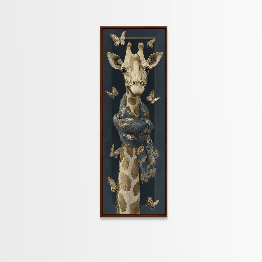 Giraffe with Scarf and Butterflies Framed Canvas Print, Whimsical Art, Modern Decor, Living Room Decor, Fine Art, Wonder, WHI-1x3-46