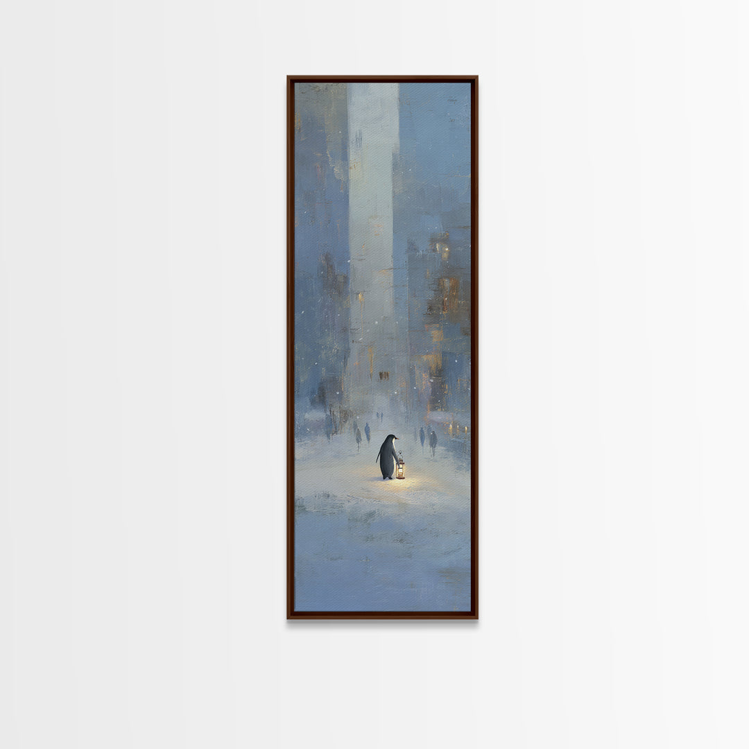 Penguin Holding a Lantern Framed Canvas Print, Whimsical Art, Textured Painting, Living Room Decor, Fine Art, Wonder, WHI-1x3-53