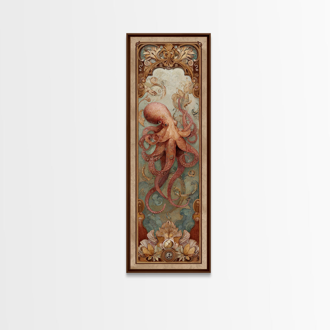 Octopus Conductor with Tiny Instruments Framed Canvas Print, Whimsical Art, Nursery Prints, Living Room Decor, Oil Painting, WHI-1x3-54