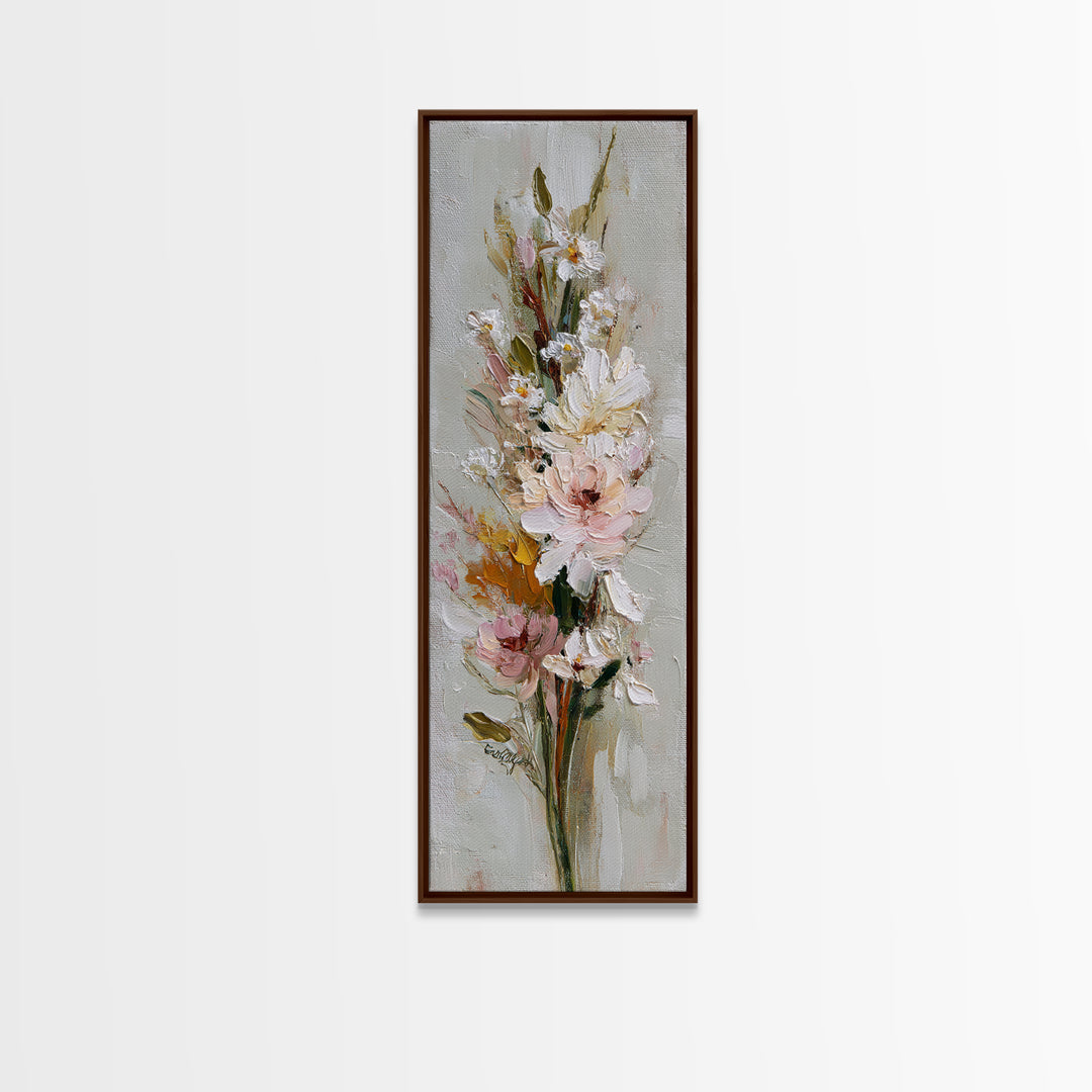 Hedgehog Carrying Wildflowers Framed Canvas Print, Whimsical Art, Neutral Decor, Living Room Decor, Oil Painting, Wonder, WHI-1x3-75