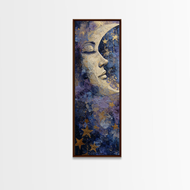 Moon with Sleeping Face and Dangling Stars Framed Canvas Print, Whimsical Art, Dopamine Decor, Living Room Decor, Wonder, WHI-1x3-76