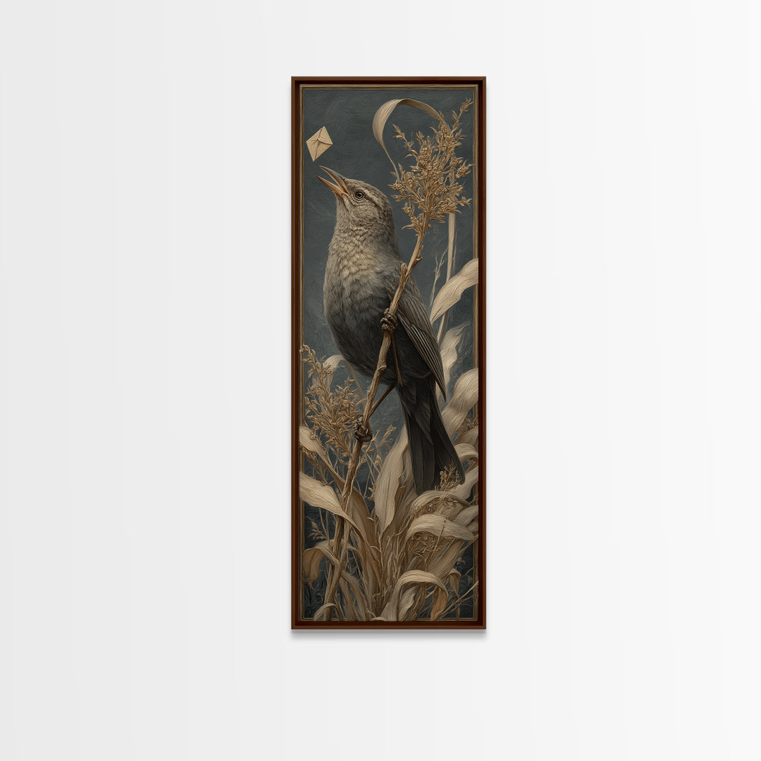 Bird Delivering a Tiny Love Letter Framed Canvas Print, Whimsical Art, Cat Art, Living Room Decor, Fine Art, Wonder, WHI-1x3-83