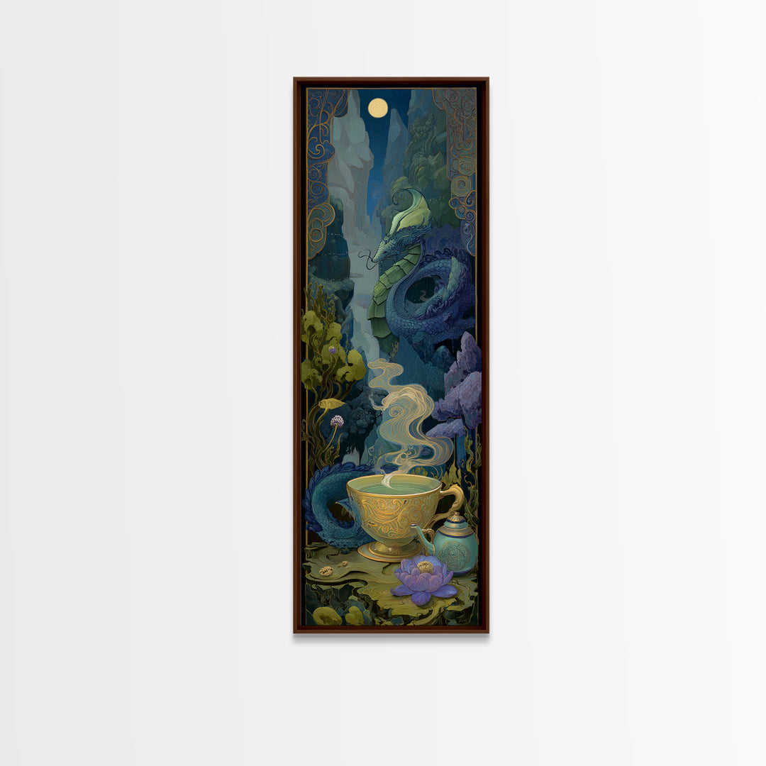 Dragon Curled Around a Teacup Framed Canvas Print, Whimsical Art, Nursery, Living Room Decor, Fine Art, Wonder, Watercolor Art, WHI-1x3-84