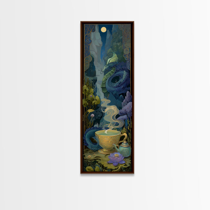 Dragon Curled Around a Teacup Framed Canvas Print, Whimsical Art, Nursery, Living Room Decor, Fine Art, Wonder, Watercolor Art, WHI-1x3-84