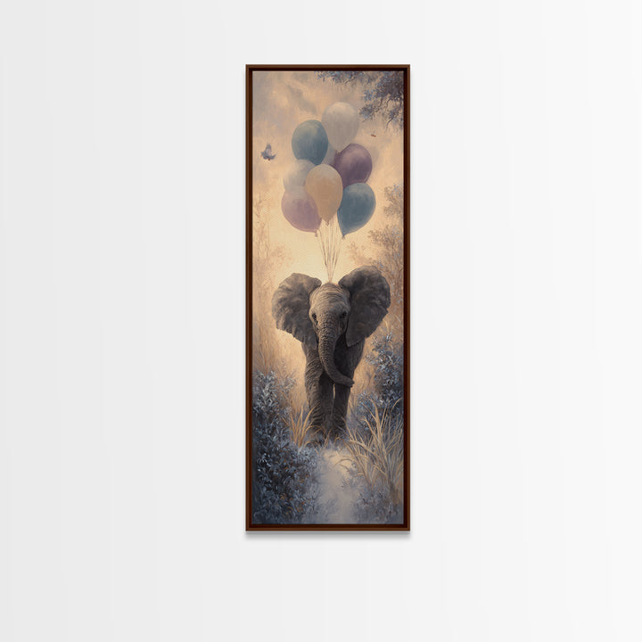 Elephant Holding Balloons Framed Canvas Print, Whimsical Art, Statement Artwork, Living Room Decor, Fine Art, Wonder, WHI-1x3-87