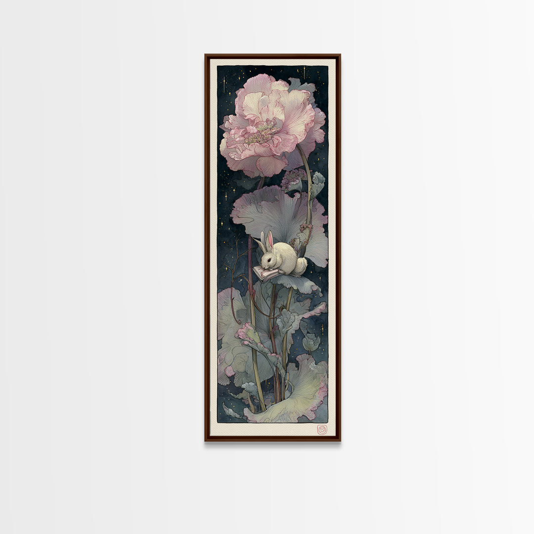Rabbit Reading Beneath a Giant Flower Canvas Print, Whimsical Art, Cat Art, Living Room Decor, Watercolor Art, Wonder, WHI-1x3-89