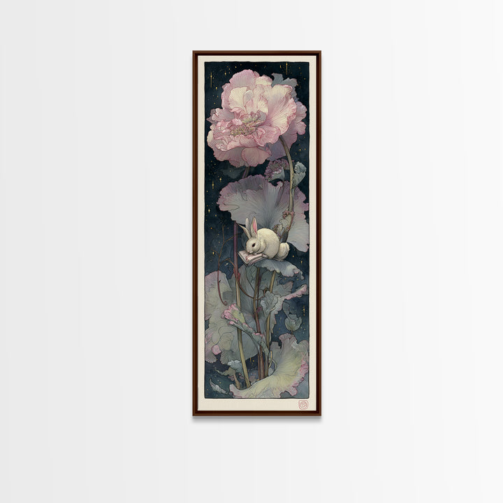 Rabbit Reading Beneath a Giant Flower Canvas Print, Whimsical Art, Cat Art, Living Room Decor, Watercolor Art, Wonder, WHI-1x3-89