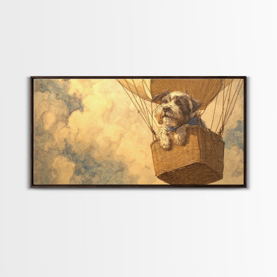 Dog in a Hot Air Balloon Framed Canvas Print, Whimsical Art, Contemporary Art, Living Room Decor, Fine Art, Wonder, Art Nouveau, WHI-2x1-10
