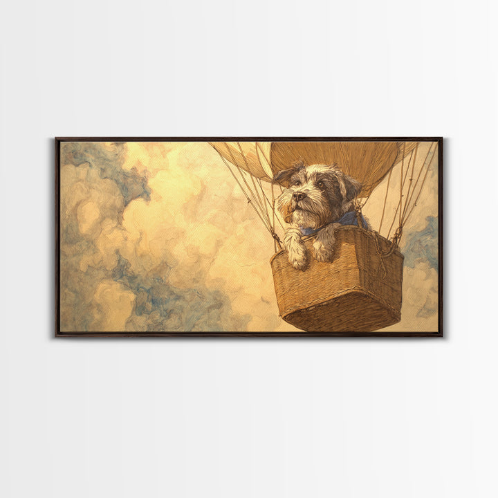 Dog in a Hot Air Balloon Framed Canvas Print, Whimsical Art, Contemporary Art, Living Room Decor, Fine Art, Wonder, Art Nouveau, WHI-2x1-10