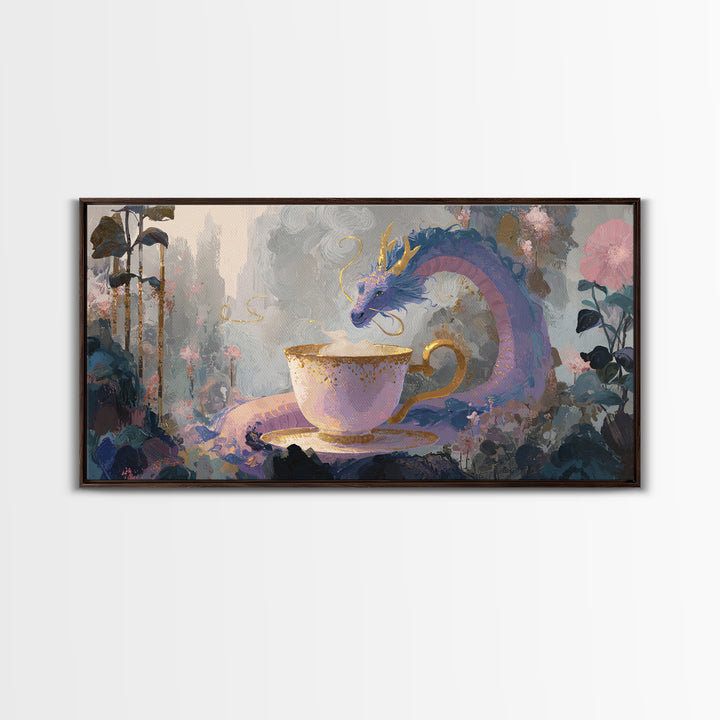 Dragon Curled Around a Teacup Framed Canvas Print, Whimsical Art, Statement Artwork, Living Room Decor, Fine Art, Wonder, WHI-2x1-20