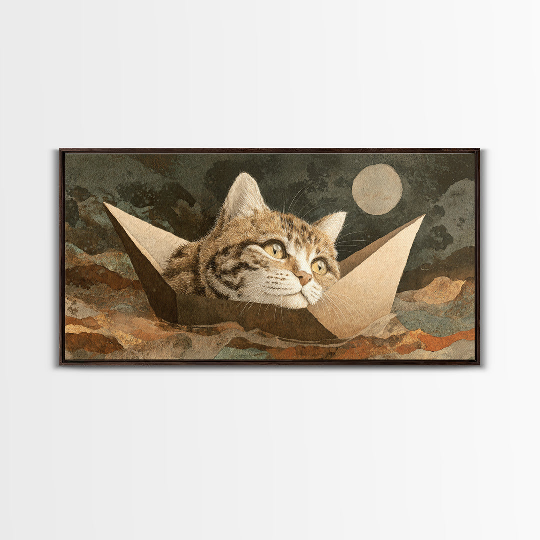 Cat Sailing a Paper Boat Canvas Print, Whimsical Art, Textured Painting, Living Room Decor, Fine Art, Wonder, Nursery Decor, WHI-2x1-22