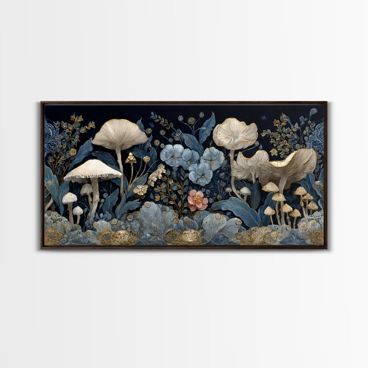 Teacup Garden with Tiny Mushrooms Framed Canvas Print, Whimsical Art, Minimalist Decor, Living Room Decor, Oil Painting, Wonder, WHI-2x1-24