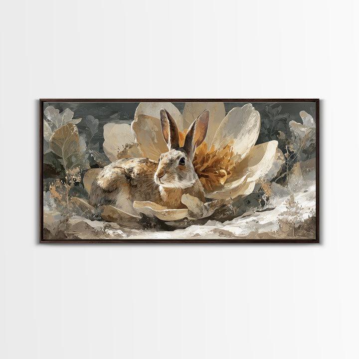 Rabbit Reading Beneath a Giant Flower Framed Canvas Print, Whimsical Art, Oil Painting, Living Room Decor, Wonder, WHI-2x1-25