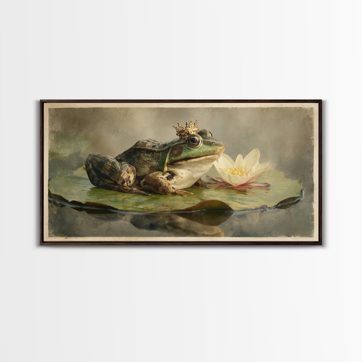 Frog Prince on a Lily Pad Framed Canvas Print, Whimsical Art, Contemporary Art, Living Room Decor, Wonder, Art Nouveau, WHI-2x1-28