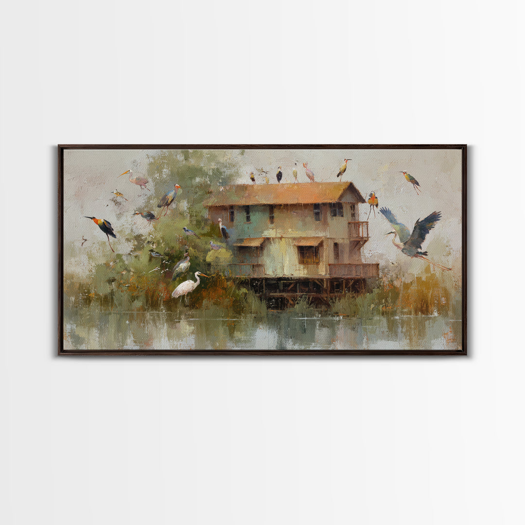 Floating House Carried by Colorful Birds Framed Canvas Print, Whimsical Art, Framed Wall Art, Living Room Decor, Wonder, WHI-2x1-3