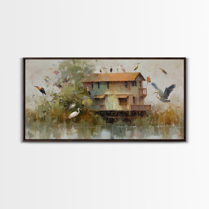 Floating House Carried by Colorful Birds Framed Canvas Print, Whimsical Art, Framed Wall Art, Living Room Decor, Wonder, WHI-2x1-3