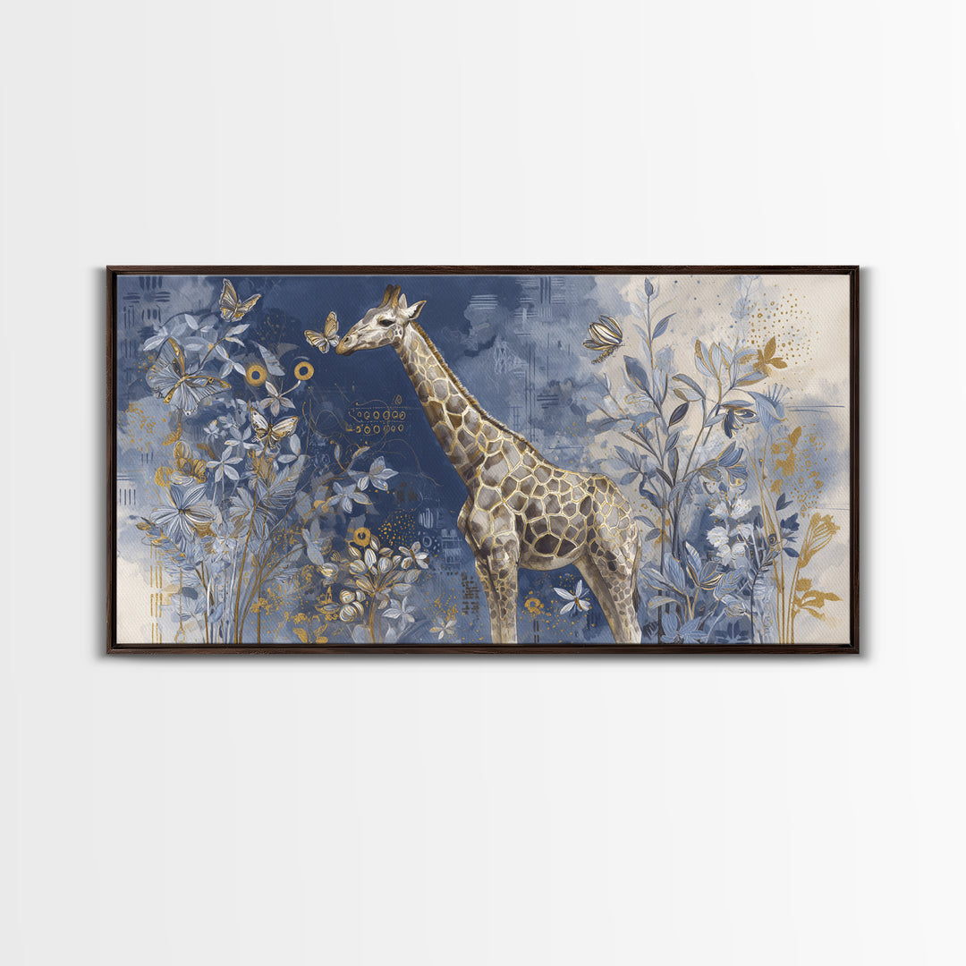Giraffe with Scarf and Butterflies Framed Canvas Print, Whimsical Art, Minimalist Decor, Living Room Decor, Fine Art, Wonder, WHI-2x1-30
