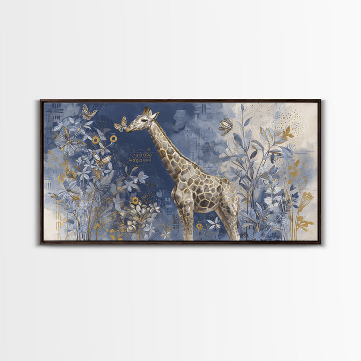 Giraffe with Scarf and Butterflies Framed Canvas Print, Whimsical Art, Minimalist Decor, Living Room Decor, Fine Art, Wonder, WHI-2x1-30