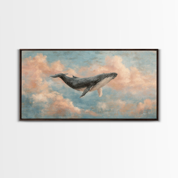 Whale Flying Through Clouds Like Ocean Framed Canvas Print, Whimsical Art, Art Print, Living Room Decor, Fine Art, Wonder, WHI-2x1-33