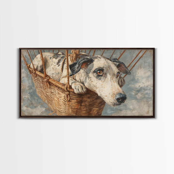 Dog in a Hot Air Balloon Framed Canvas Print, Whimsical Art, Contemporary Art, Living Room Decor, Fine Art, Wonder, Art Nouveau, WHI-2x1-34