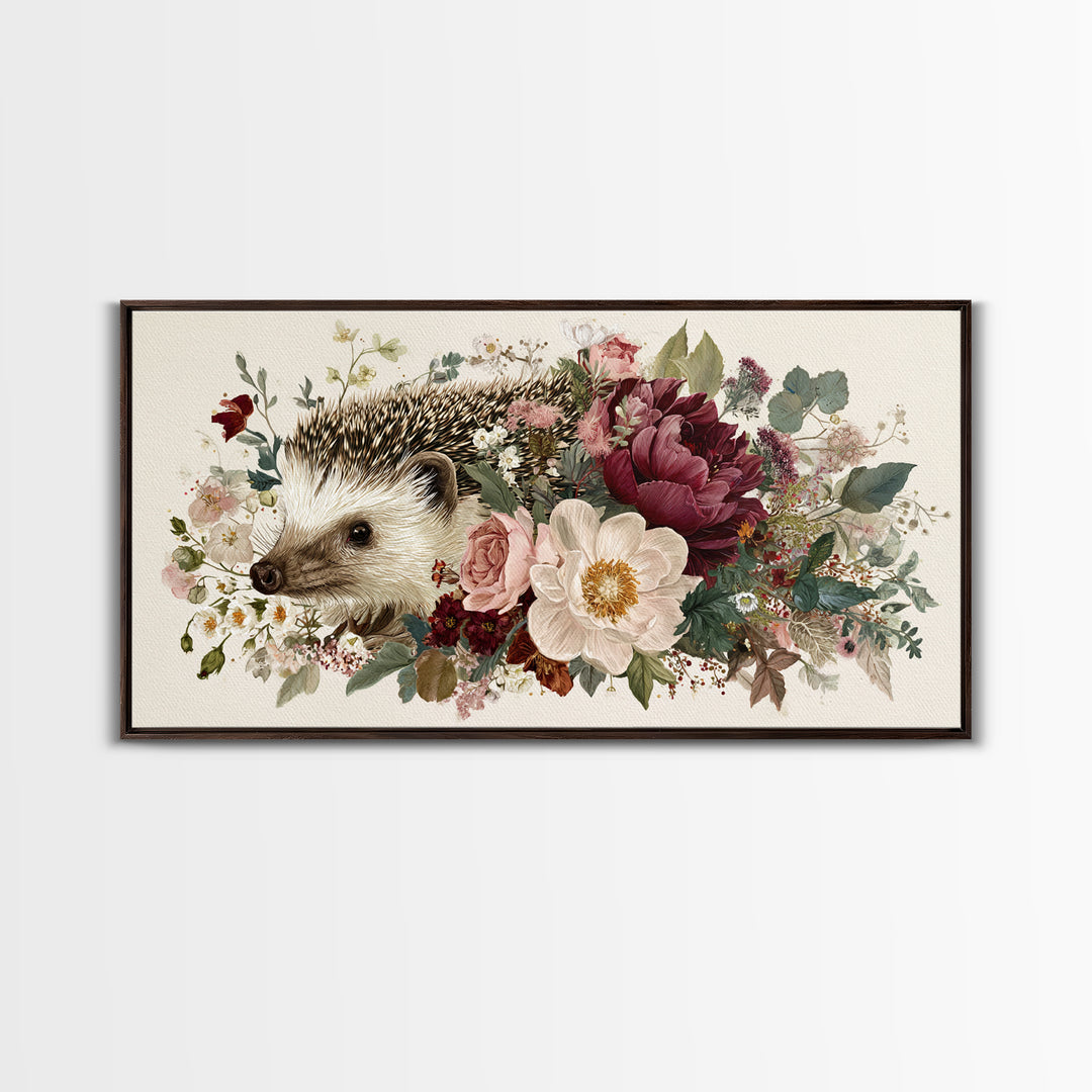 Hedgehog Carrying Wildflowers Framed Canvas Print, Whimsical Art, Wall Art, Living Room Decor, Watercolor Art, Wonder, WHI-2x1-35