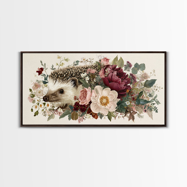 Hedgehog Carrying Wildflowers Framed Canvas Print, Whimsical Art, Wall Art, Living Room Decor, Watercolor Art, Wonder, WHI-2x1-35