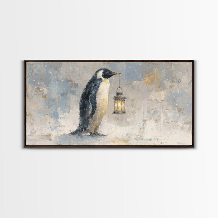 Penguin Holding a Lantern Framed Canvas Print, Whimsical Art, Digital Art, Living Room Decor, Fine Art, Wonder, Nursery, WHI-2x1-37