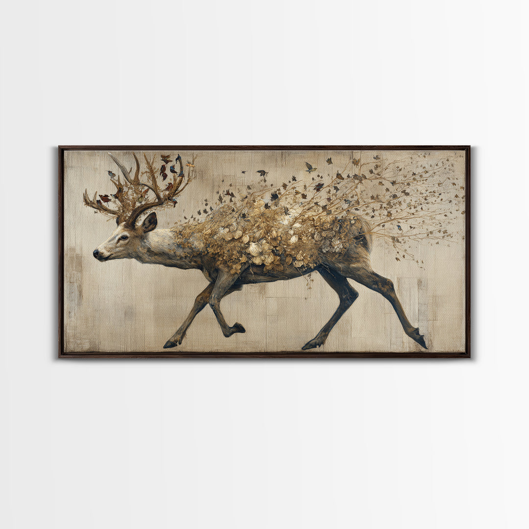Deer with Antlers Full of Birds Canvas Print, Whimsical Art, Printable Wall Art, Living Room Decor, Oil Painting, Wonder, WHI-2x1-39