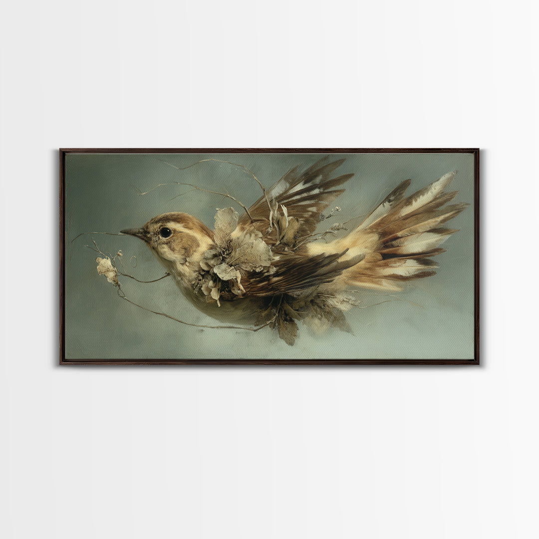 Bird Delivering a Tiny Love Letter Framed Canvas Print, Whimsical Art, Oil Painting, Living Room Decor, Fine Art, Wonder, WHI-2x1-43