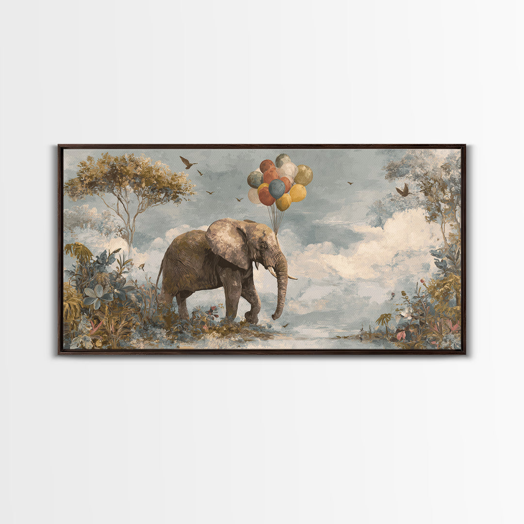 Elephant Holding Balloons Canvas Print, Whimsical Art, Whimsical, Living Room Decor, Oil Painting, Wonder, Nursery Art, WHI-2x1-47