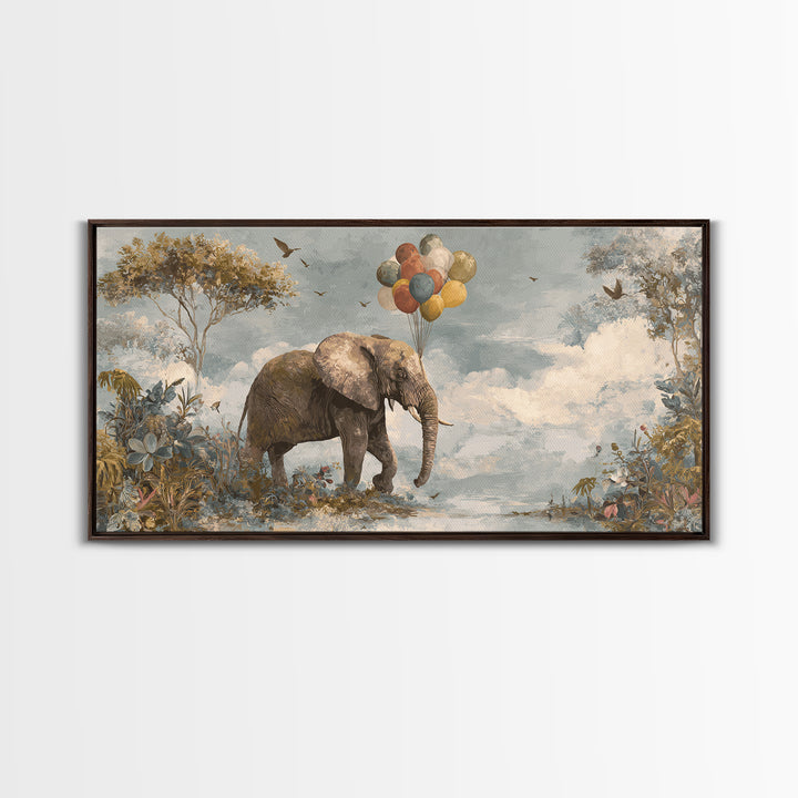 Elephant Holding Balloons Canvas Print, Whimsical Art, Whimsical, Living Room Decor, Oil Painting, Wonder, Nursery Art, WHI-2x1-47