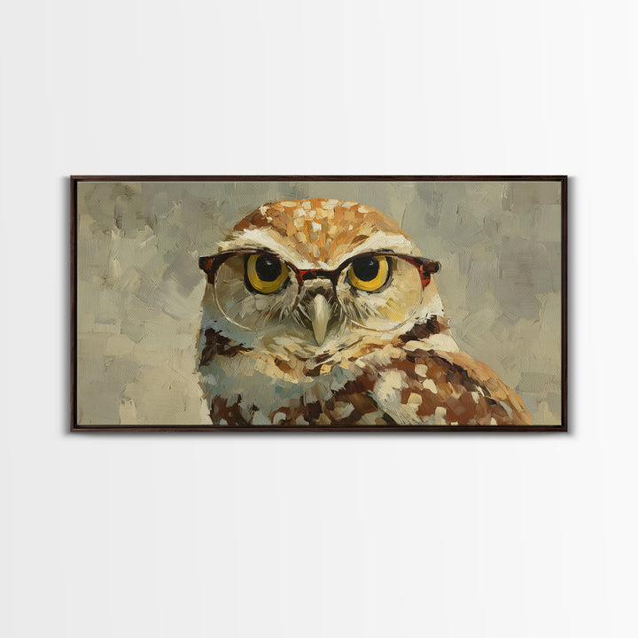Owl Wearing Spectacles Among Stars Framed Canvas Print, Whimsical Art, Prints, Living Room Decor, Wonder, Printable Art, WHI-2x1-50