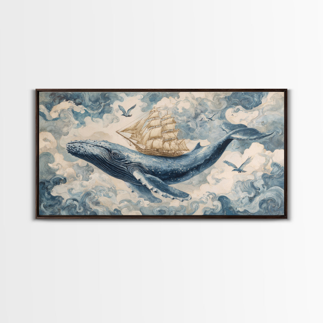 Whale Flying Through Clouds Like Ocean Canvas Print, Whimsical Art, Original Art, Living Room Decor, Fine Art, Wonder, WHI-2x1-57