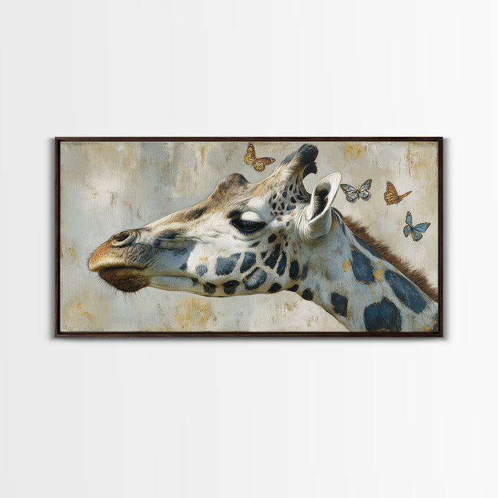 Giraffe with Scarf and Butterflies Framed Canvas Print, Whimsical Art, Minimalist Decor, Living Room Decor, Fine Art, Wonder, WHI-2x1-6