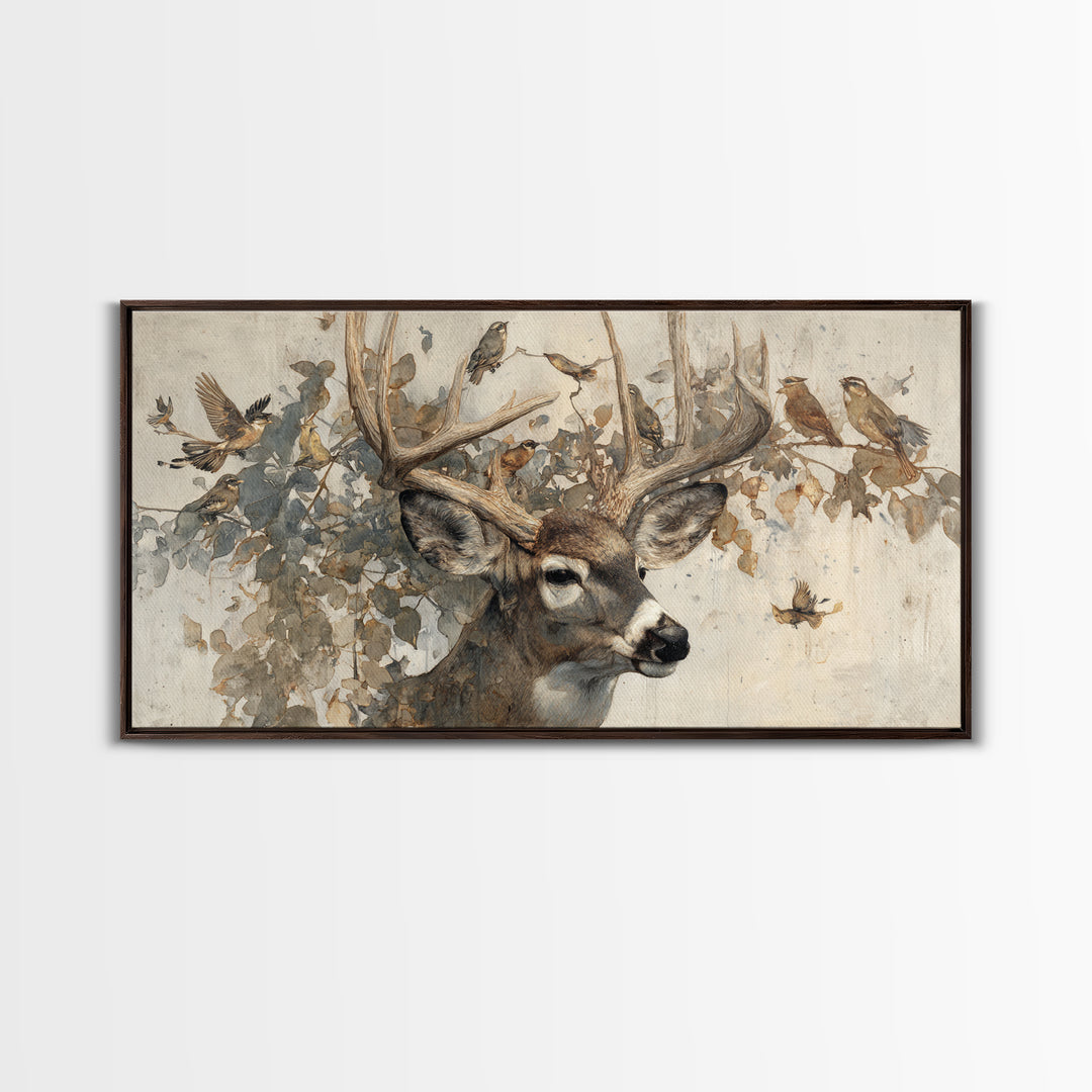 Deer with Antlers Full of Birds Canvas Print, Whimsical Art, Living Room Decor, Fine Art, Wonder, Gallery Decor, Neutral Decor, WHI-2x1-63