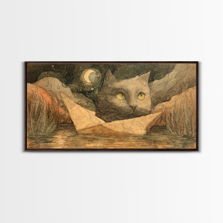 Cat Sailing a Paper Boat Canvas Print, Whimsical Art, Oil Painting, Living Room Decor, Fine Art, Wonder, Dark Academia Decor, WHI-2x1-70