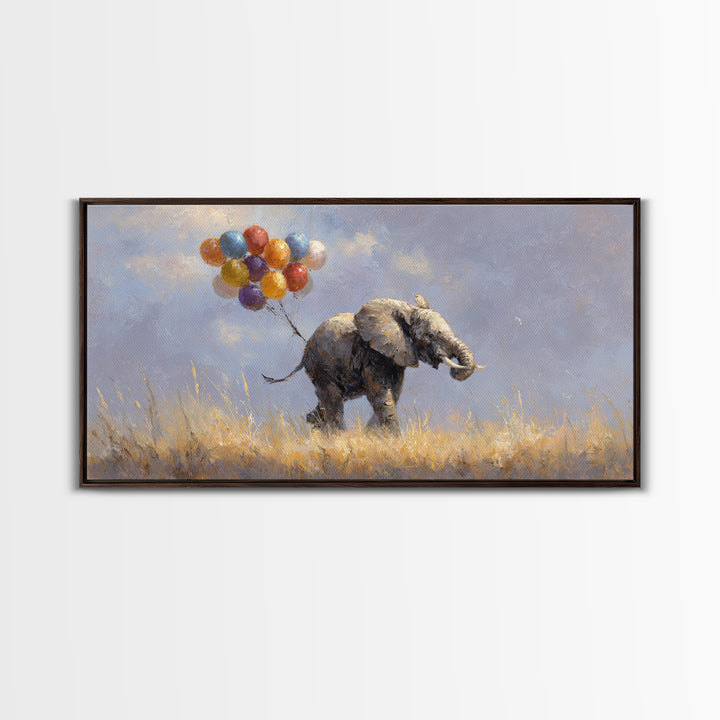 Elephant Holding Balloons Canvas Print, Whimsical Art, Bird Art, Living Room Decor, Abstract Art, Wonder, Textured Painting, WHI-2x1-71