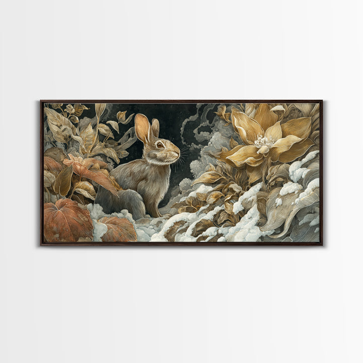 Rabbit Reading Beneath a Giant Flower Canvas Print, Whimsical Art, Digital Print, Living Room Decor, Watercolor Art, Wonder, WHI-2x1-73